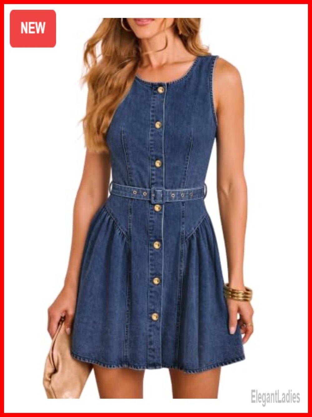 Women's Denim Mini Dress Belted Button Down A-Line Sleeveless Babydoll Summer